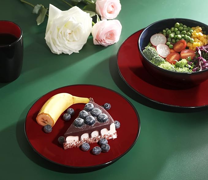 Bestone 16 Piece Round Kitchen Dinnerware Set,Plates and Bowls sets,Dishes, Plates, Bowls, Mugs, Dish Set，Plates and Bowls,Service for 4, Stoneware Dinnerware,Red and Black