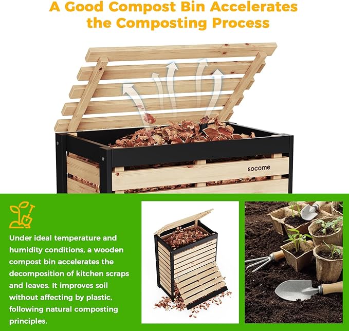 95 Gallon Solid Wood Composter, Outdoor Compost Bin with Pull-Out Door, Large Composting Bin for Backyard, Garden, Patio, Natural