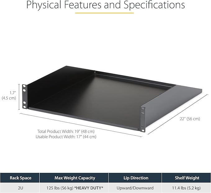 StarTech.com 2U Server Rack Shelf - Universal Rack Mount Cantilever Shelf for 19" Network Equipment Rack & Cabinet - Heavy Duty Steel – Weight Capacity 125lb/56kg - 18" Deep Tray, Black (CABSHELFHD)