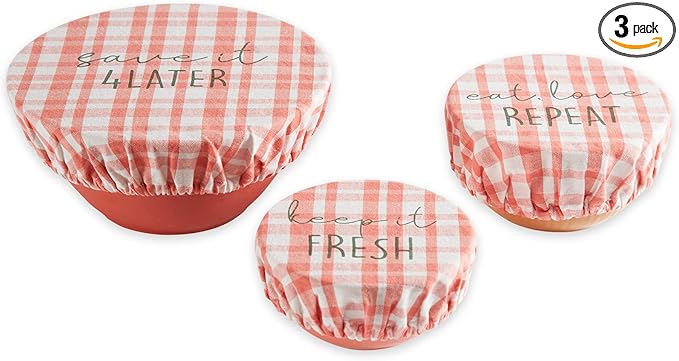 DII Reusable Cloth Bowl Cover Collection Machine Washable, Cotton with Elastic Stretch for Food Storage, 10.25"/8.25"/7.5" Diameter, Plaid Coral, 3 Piece