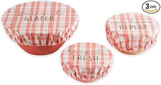 DII Reusable Cloth Bowl Cover Collection Machine Washable, Cotton with Elastic Stretch for Food Storage, 10.25"/8.25"/7.5" Diameter, Plaid Coral, 3 Piece