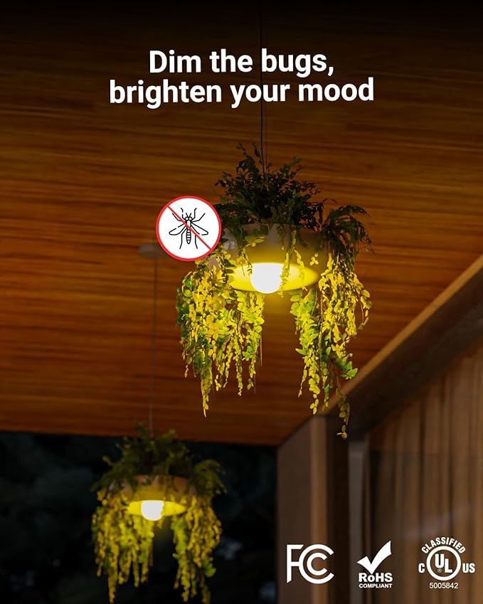 Sunco Yellow Light Bulbs Outdoor A19, LED Bug Lights for Outside Dusk to Dawn, 480 LM, 9W, 2000K Amber Glow, Auto On/Off Photocell Sensor, E26 Base, for Porch Patio Deck Backyard UL 2 Pack