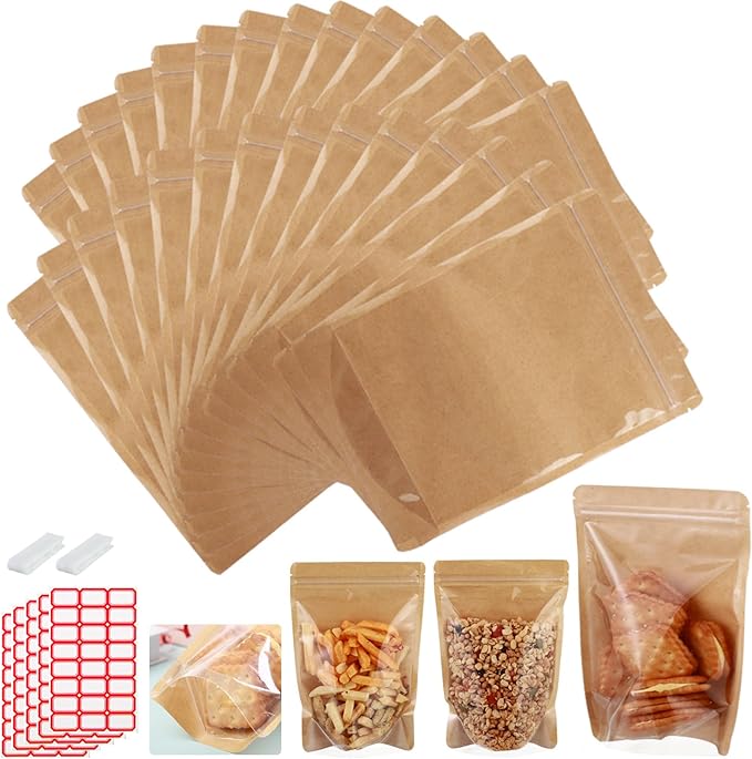 150-pack 5.9” x 8.7” Stand Up Kraft Paper Mylar Bags with Clear Window Resealable Foil Pouches for Food Storage Smell Proof Edible Packaging Bag for Small Business, Bulk