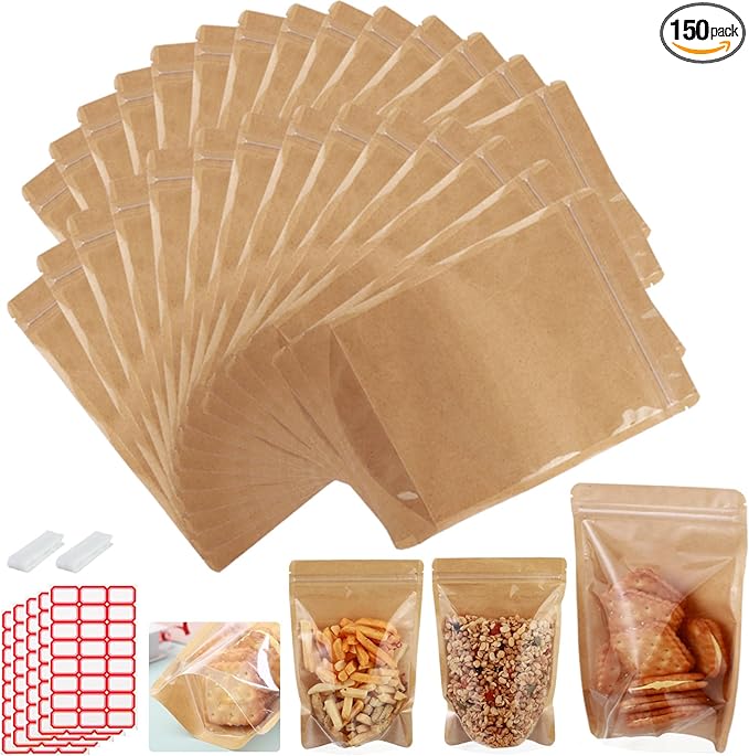 150-pack 7” x 10” Stand Up Kraft Paper Mylar Bags with Clear Window 1 Quart Resealable Foil Pouches for Food Storage Smell Proof Edible Packaging for and Small Business, Bulk