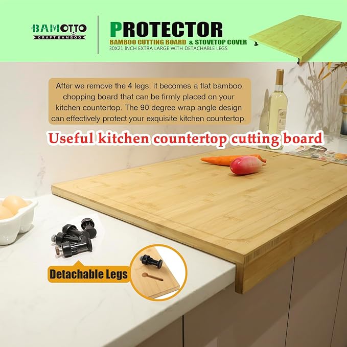 30 x 21 in Extra Large Bamboo Cutting Board and Stovetop Cover, Stove Top Cover Chopping Board with Detachable Legs and Juice Groove, Sink Cover Board, for Restaurant Kitchen Countertop