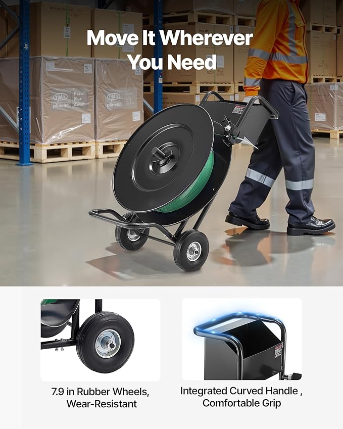 VEVOR Banding Strapping Cart, Fit for PET/PP/Steel Strapping Coils with 8 or 16 inches Core Size, Heavy Duty Strapping Dispenser Equipped with Upgrade Drum Brake, Built-in Spacious Tray for Tools