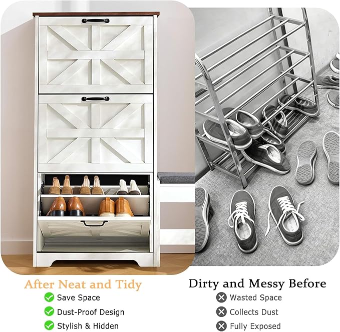 Shoe Storage Cabinet with Bench, Farmhouse Shoe Organizer with Barn Door Design, Space-Saving Hidden Narrow Shoe Rack Cabinet for Entryway, Hallway & Foyer，White