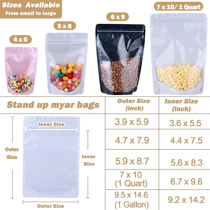 150-pack 7" x 10" Stand Up Mylar Bags with Clear Window 1 Quart Large Resealable Foil Pouches for Food Storage Smell Proof Edible Packaging Bag for Cookies and Small Business, Bulk