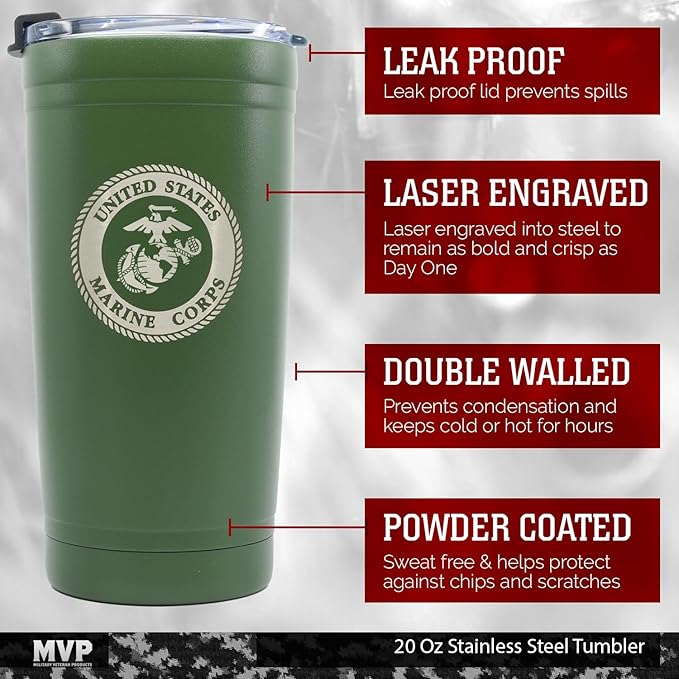 Military Gift Shop 20oz Marine Corps Tumbler – Double Wall Vacuum Insulated Stainless Steel | USMC 20oz Tumbler Green