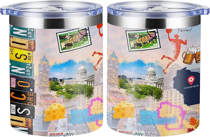 12oz Coffee Mug Wisconsin State Insulated Coffee Cups, United States Map Travel Mug Landmark, Birthday Gifts Cute Mugs with Lid and Straw Gifts for Mom