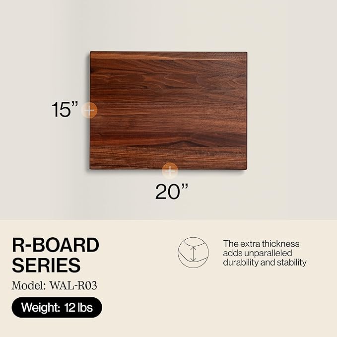 John Boos R-Board Series Rectangular Wooden Walnut Cutting Board 20”x15” – 1.5” Thick, 12-lb Reversible Butcher Block with Edge-Grain & Finger Grips – Made in the USA