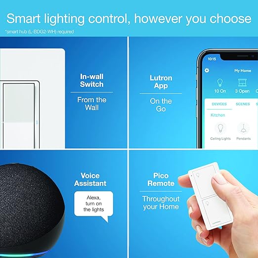 Lutron Claro Smart Light Switch w/ Wall Plate for Caseta Lighting, for LED Lights, Fans, 5 Amp, Single-Pole/3-Way, Neutral Required, DVRFW-5NS-WH-A, White