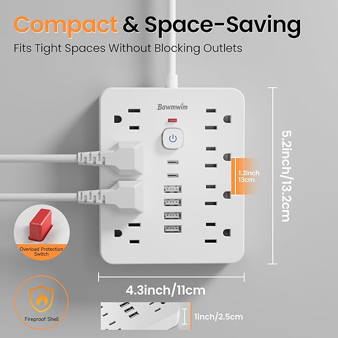 Surge Protector Power Strip - 8 Outlets(1250W/10A) 4 USB A（2 USB C, 6FT Flat Plug Extension Cord, Wall Mount Multi Plug Outlet Extender, ETL Listed for Home, Dorm Room