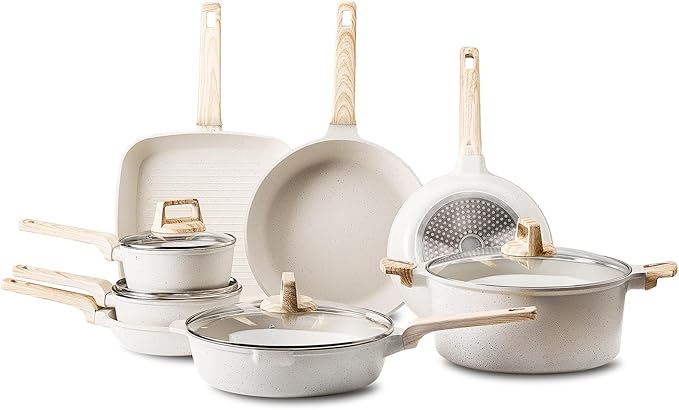 VEVOR 19 Piece Pots and Pans Set Nonstick, Granite Cookware Set, Induction Cookwares, Kitchen RV Cooking Sets with Frying, Sauce, Saute, Tempered Glass Lids, and Pan Protectors, White