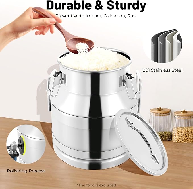 Milk Can Stainless Steel Containers with Lids Old Fashion Milk Jug Metal Bucket with Practical Handles, Sealed Bucket for Milk Water Wine Honey Oil Rice Tea Beans Grains (20L/5.28Gal)