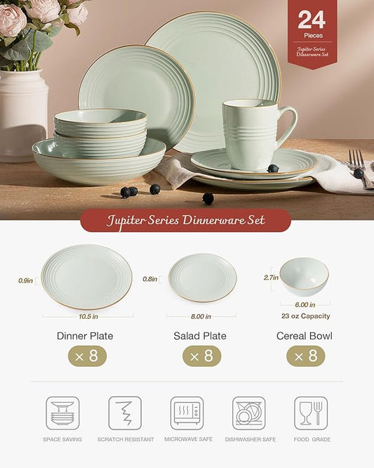 Famiware Jupiter Dinnerware Set, Plates and Bowls Dish Sets for 8 (24 Pieces), Microwave and Dishwasher Safe Stoneware Speckled Tableware, Chip and Scratch Resistant, Light Green