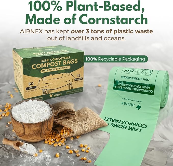 Compostable Kitchen Trash Bags13 Gal - Cornstrarch Leakproof & Tear Resistant 100 Compost Bags - OK Compost Home & Seedling Certified 0.25 mm Kitchen Garbage Bags