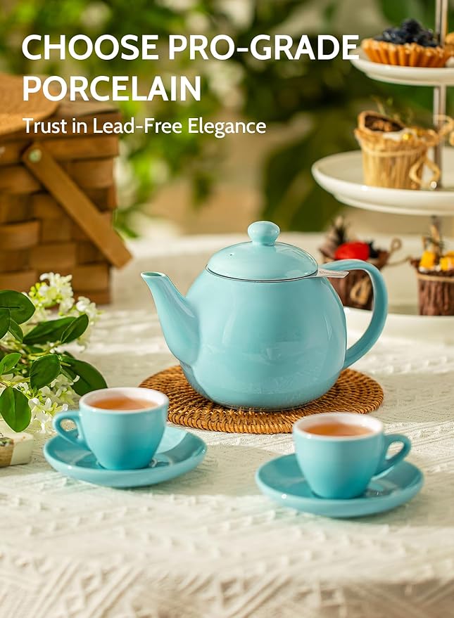 Sweese Teapot, Porcelain Tea Pot with Stainless Steel Infuser, Blooming & Loose Leaf Teapot - 27ounce, Turquoise