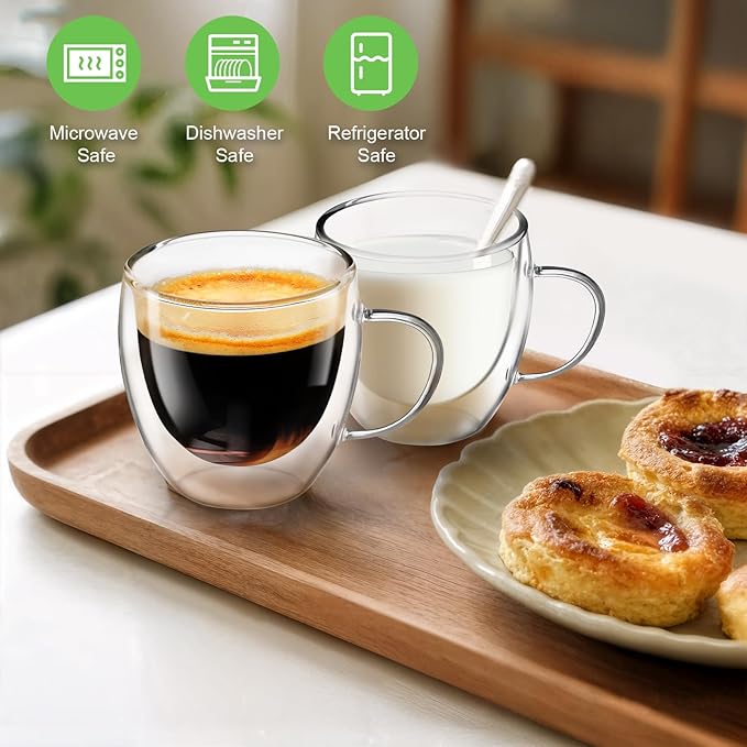 Glass Coffee Cups Set of 4, 8.5oz Double Walled Glass Mugs with Handles, Clear Insulated Coffee Mug Espresso Cups, Cappuccino Latte Tea Cups Set, Heat Resistant Borosilicate Clear Glasses