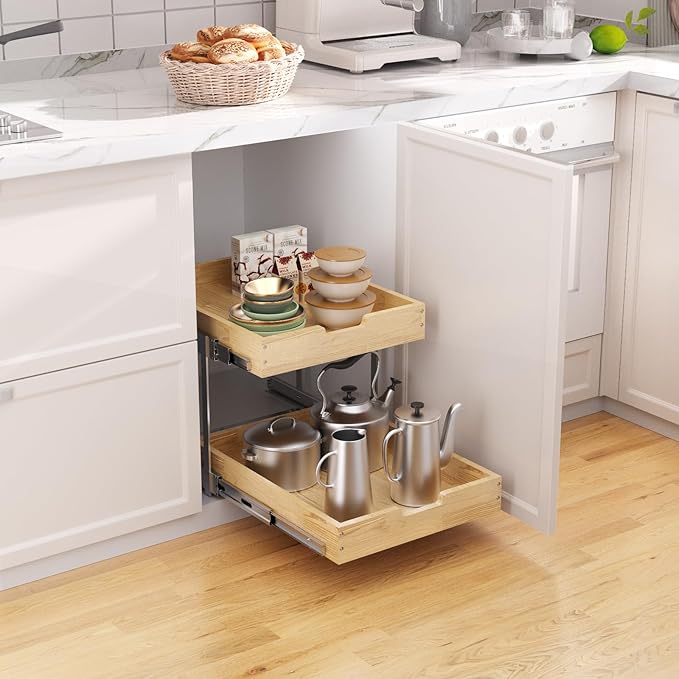 Wood Pull Out Cabinet Organizer 2 Tie 14" W x 21" D, Heavy-Duty Sliding Drawers for Inside Cabinets Storage and Organization for Kitchen, Pantry, Bathroom