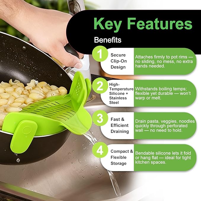 Clip-On Strainer - Universal Silicone Snap-on Colander for Draining Pasta, Vegetables & Grease – Heat-Resistant, BPA-Free, Heat Resistant, Fits Round & Oval Pots/Bowl