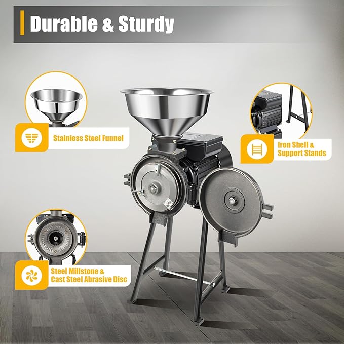 1500W Electric Grain Mill Grinder, 110V Dry Grain Grinder, Commercial Corn Grinding Machine with Funnel & Adjustable Thickness, Heavy Duty Cereals Feed Flour Coffee Wheat Mill