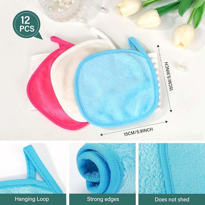 12 Pack Makeup Remover Cloth, 6" x 6" Reusable Makeup Remover Towels Face Washcloth for Washing Face, Makeup Remover Pads Cosmetic Face Wash (Pink-White-Blue)