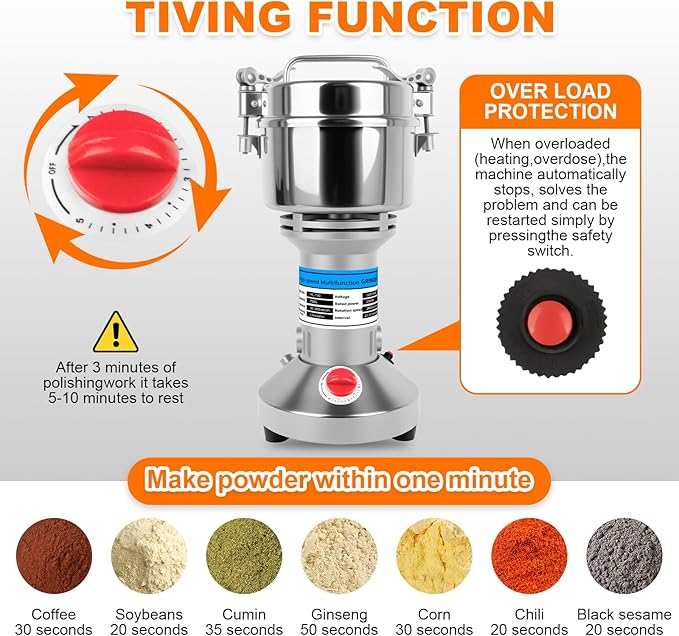 Grain Mill, 750g Flour Mill Grinder for Home, Electric Stainless Steel Grain Grinder for Wheat, Herbs, Nuts, Grains, Corn, Flour, Seasonings