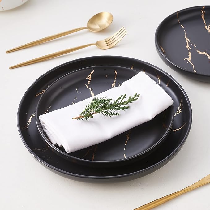 Black Gold Splash Dinnerware Sets, Marble Porcelain Plates and Bowls Sets, Modern Luxury Dish Set for 4, 12 Pieces Fine China Plates Set for Formal Dinners and Anniversaries