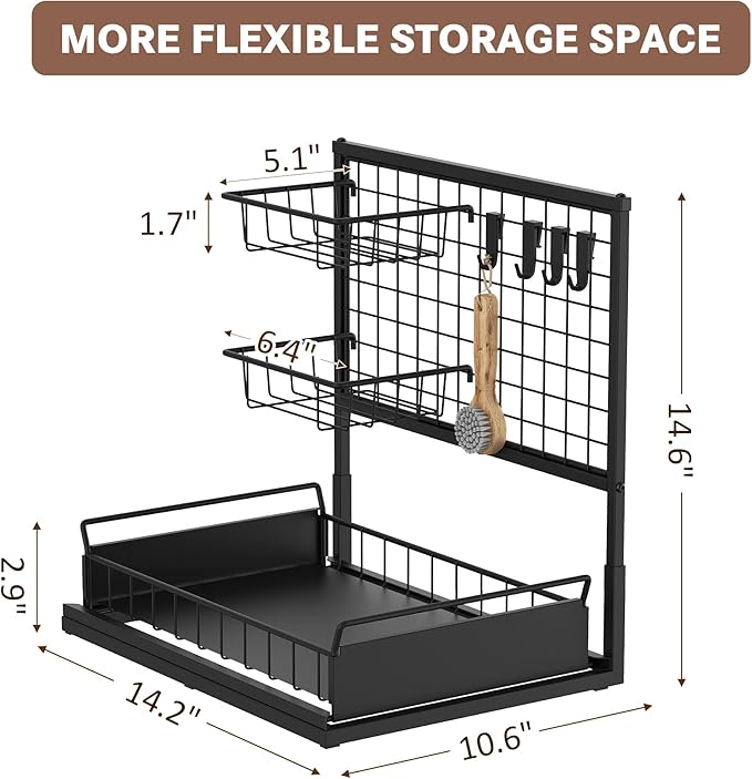 Under Sink Organizer Shelves, Pull Out Cabinet Organizers, Metal Hook Shelf Sliding Drawers for Kitchen Bathroom Closet Organization and Storage