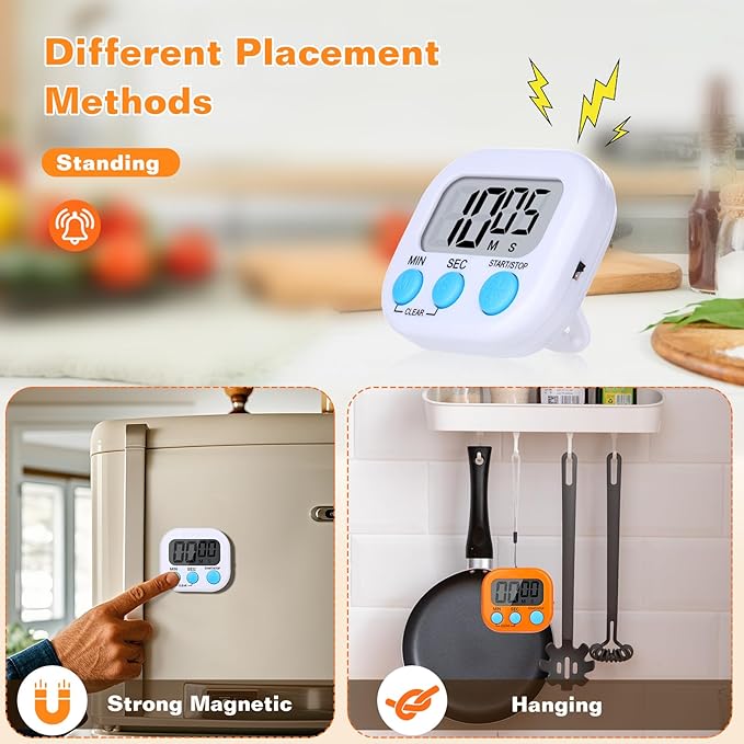 12 Pack Digital Kitchen Timers for Cooking, Small Magnetic Countdown Classroom Timer for Teachers Kids, Big Digits Loud Alarm Backing Stand Timers for Kitchen, Shower, Study, Work, Exercise Training