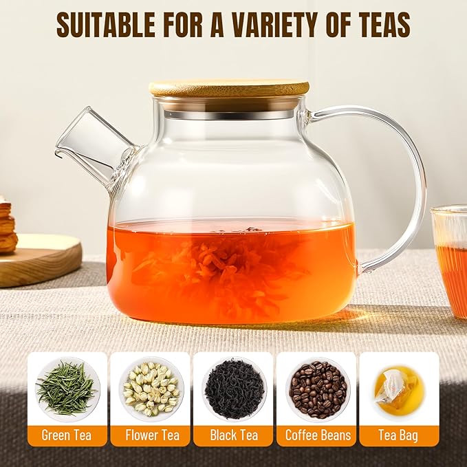 PARACITY Glass Teapot Stovetop 34oz/1000ml, Borosilicate Clear Tea Kettle with Removable 18/8 Stainless Steel Infuser,Glass Tea Kettle with Wooden Lid, Teapot for Loose Leaf Tea Fruit Tea Fragrant Tea