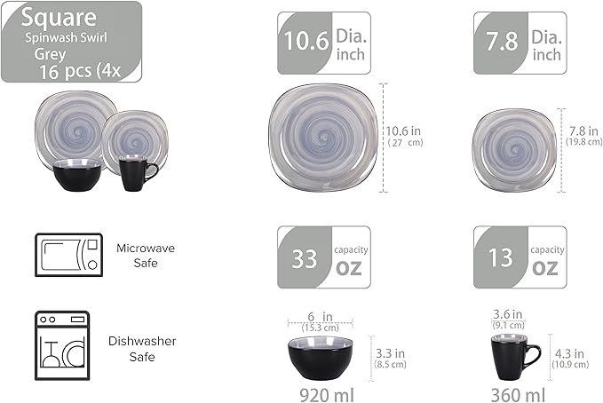 Stoneware Square 16pc Dinnerware Set, Inside Spinwash Swirl Grey + Outside Black