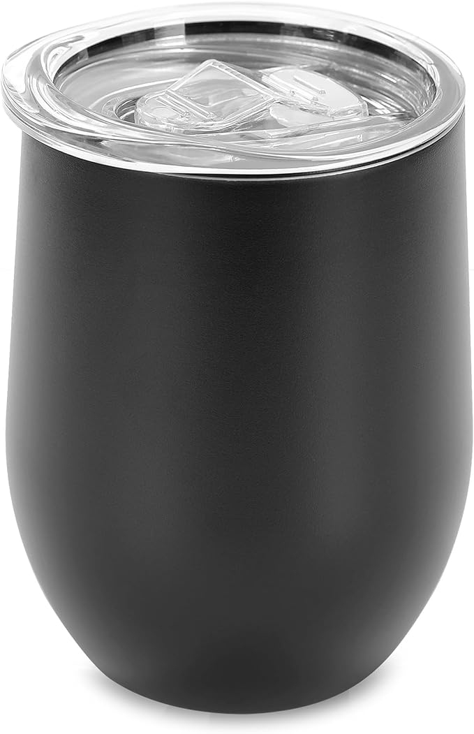 makerflo 12 oz Black Powder Coated Wine Tumbler with Leak-Proof Clear Lid - Pack of 25, Ideal for Craft and Personalization (Laser Engraving, UV DTF, Epoxy, and Vinyl)