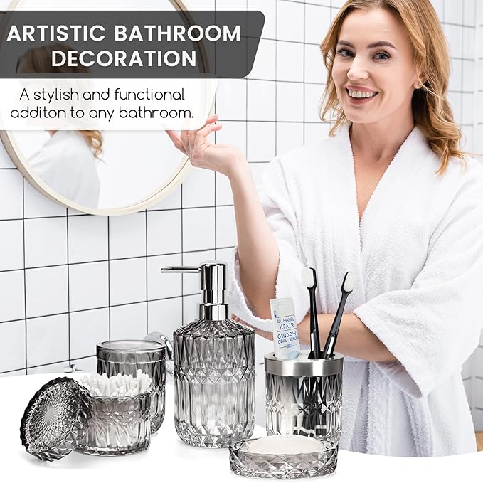 Black Bathroom Accessories Set, 5 Pcs Vintage Diamond Clear Glass Bathroom Set Include Lotion Soap Dispenser, Soap Dish, Toothbrush Holder, Tumbler, Cotton Swab Jar for Modern Bath Countertop Decor