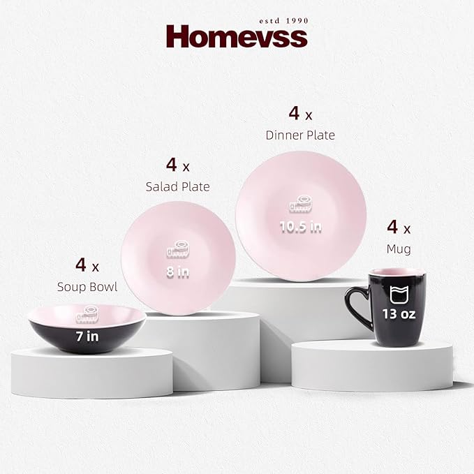 Stoneware Two-Tone Colors Life 16pc Dinner Set，Outside Shiny Black + Inside Matte Glaze Rose