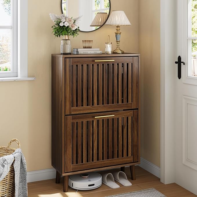 Shoe Cabinet with 2 Flip Slatted Drawers, Farmhouse Slim Shoe Organizer Rack with Golden Handles, Freestanding Hidden Entryway Storage for Hallway, Walnut
