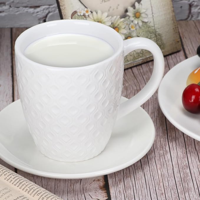 Schliersee 16 OZ Coffee Mugs Set of 6, White Ceramic Coffee Mug, Geometric Pattern Coffee Cups for Latte, Tea, Cappuccino, Mocha, Cocoa, Espresso cups
