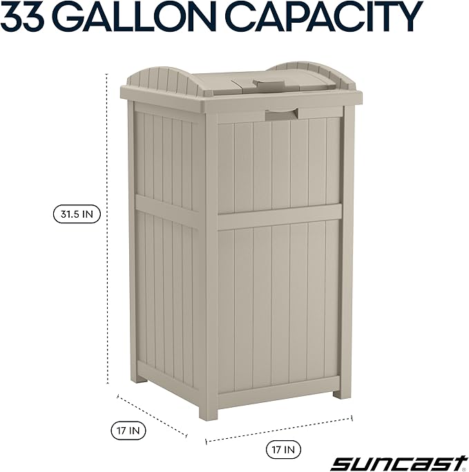 Suncast 33 Gallon Hideaway Trash Can for Patio - Resin Outdoor Trash with Lid - Use in Backyard, Deck, or Patio - Taupe