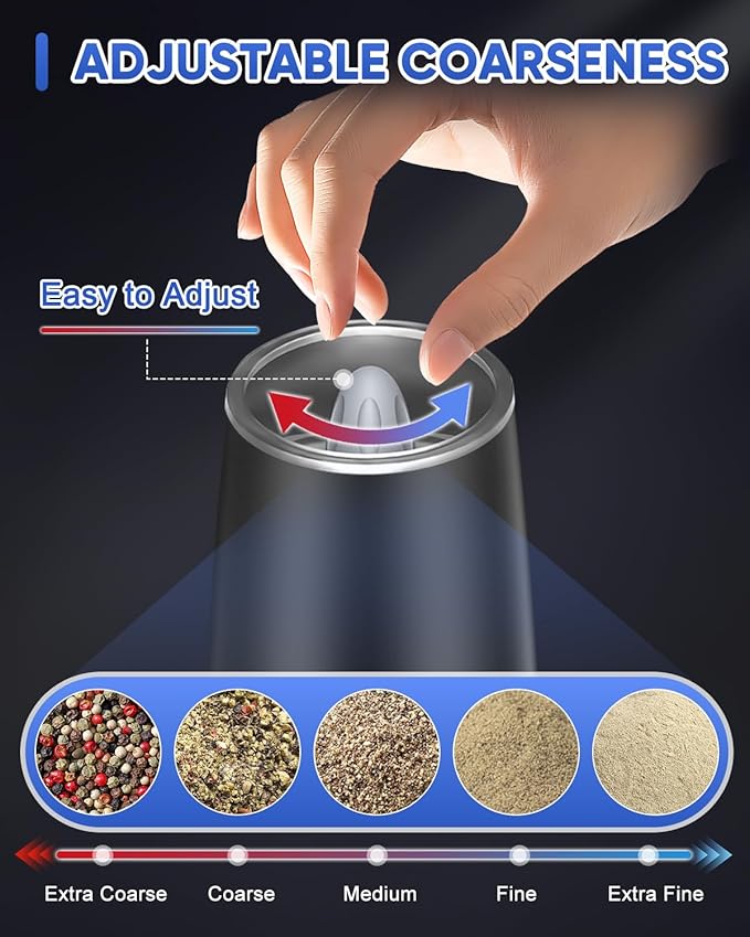 RECHARGEABLE - Gravity Electric Pepper and Salt Grinder Set, Adjustable Coarseness, With LED Light, One Hand Automatic Operation, Stainless Steel Black, (2 Pack Black)