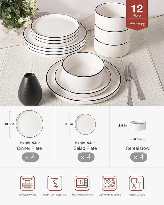 Famiware Porcelain Dinnerware Set, 12-Piece Modern Plate and Bowl Set, Dish Set for 4, Microwave and Dishwasher Safe Tableware, White with Blue Trim