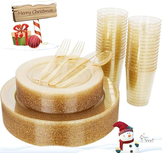 WELLIFE 175 Pieces Gold Glitter Plastic Plates with Silverware and Cups, Includes: 50 Plates, 50 Forks, 25 Knives,25 Spoons and 25 Cups for Party