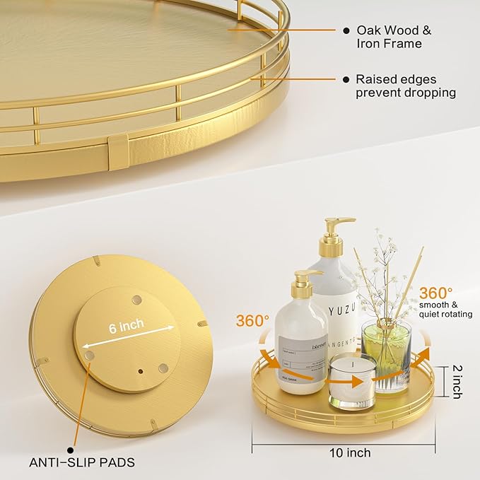 10" Gold Lazy Susan for Table Top, Oak Wood Lazy Susan Turntable Organizer for Dining Coffee Table Centerpiece Bar Decor Kitchen Countertop Bathroom Vanity Decorative Tray for Perfume Jewelry Round