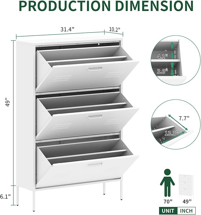 Shoe Storage Cabinet with 3 Flip Drawers, Freestanding Shoe Cabinet Organizer with Metal Frame for Entryway, Hallway, Foyer, White - Space-Saving Slim Design with Anti-Tip Device