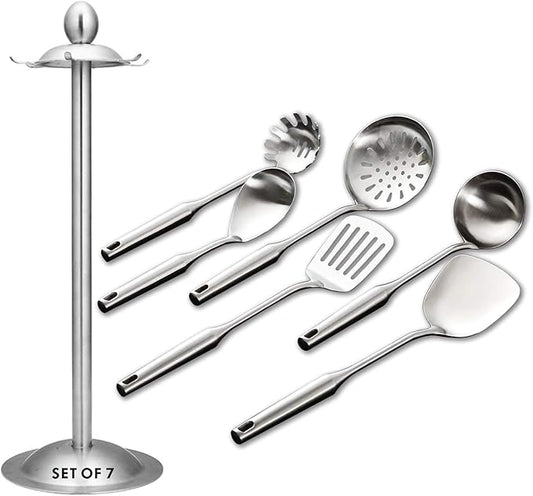 Kitchen Utensil Set – 6 Piece Stainless Steel Cooking Utensils with Rotating Holder Organizer Includes Slotted Spoon, Slotted Spatula, Large Spoon, Soup Ladle, Spatula, Pasta Server Silver/7PCS