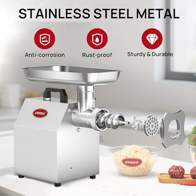 Commercial Meat Grinder #12, 1.0HP Heavy Duty Industrial Stainless Steel Meat Mincer, Sausage Stuffer with 2 Blades, 2 Plates & 3 Sausage Tubes, Meat Grinder Machine for Commercial & Home Kitchen Use