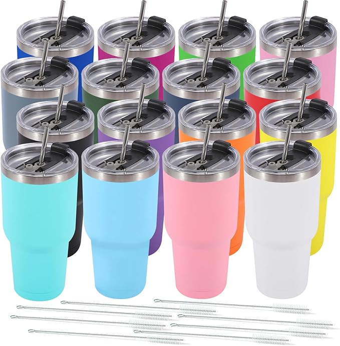 Dongni 30 oz Tumbler with Lid and Straw, Stainless Steel Tumblers Bulk, Insulated Vacuum Double Wall Travel Coffee Mug, Durable Powder Coated Tumbler Cups（Mix 16 pack）