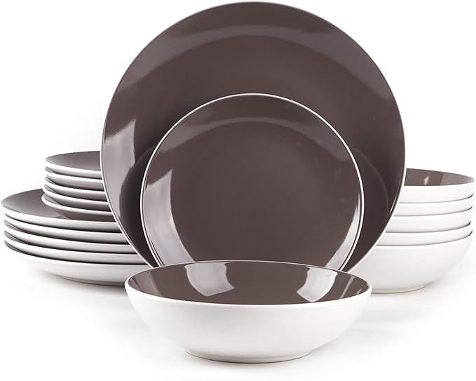 Stoneware Coupe Shape 18pc Dinnerware Set, Outside White + Inside Taupe