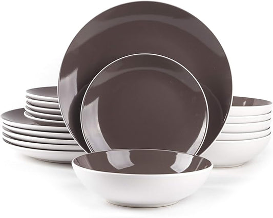 Stoneware Coupe Shape 18pc Dinnerware Set, Outside White + Inside Taupe