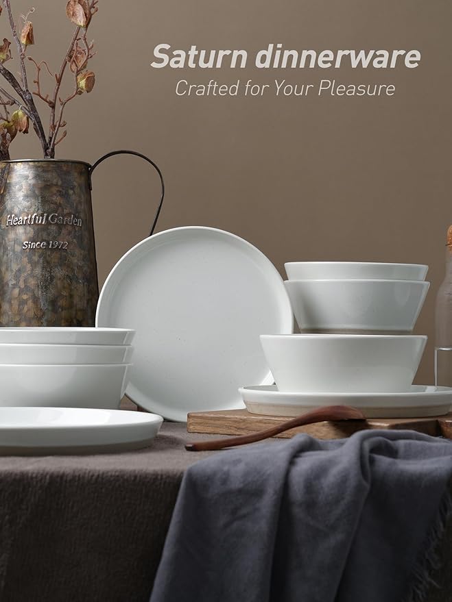 Famiware Saturn Dinnerware Set with Pasta Bowl, 16 Pieces Dish Set, Plates and Double Bowls Sets for 4, Chip and Scratch Resistant, Microwave and Dishwasher Safe Tableware, White